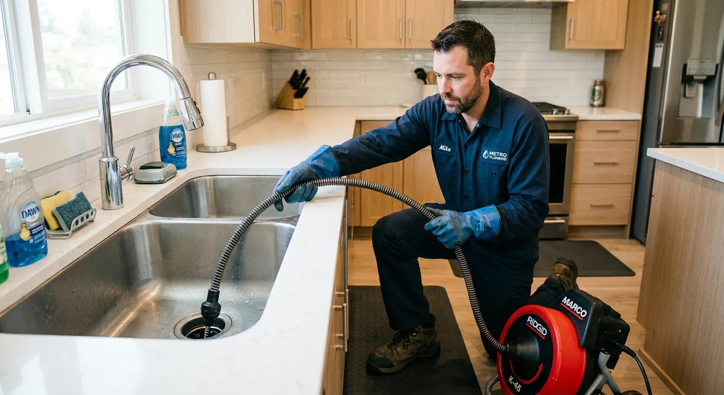 Drain cleaning technician using a motorized snake on a kitchen sink in San Carlos Park