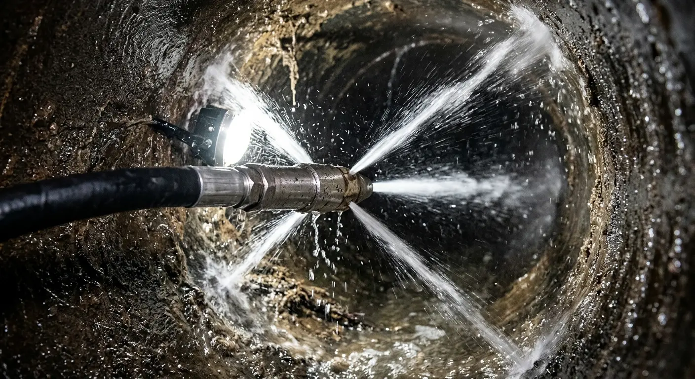 High-pressure hydro jetting nozzle cleaning sewer pipe for Trenchless Sewer Repair in San Carlos Park