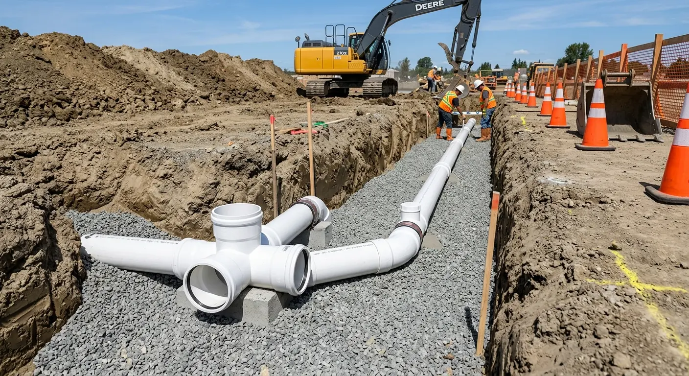 New PVC sewer pipe installation in open trench for Sewer Camera Inspection in San Carlos Park