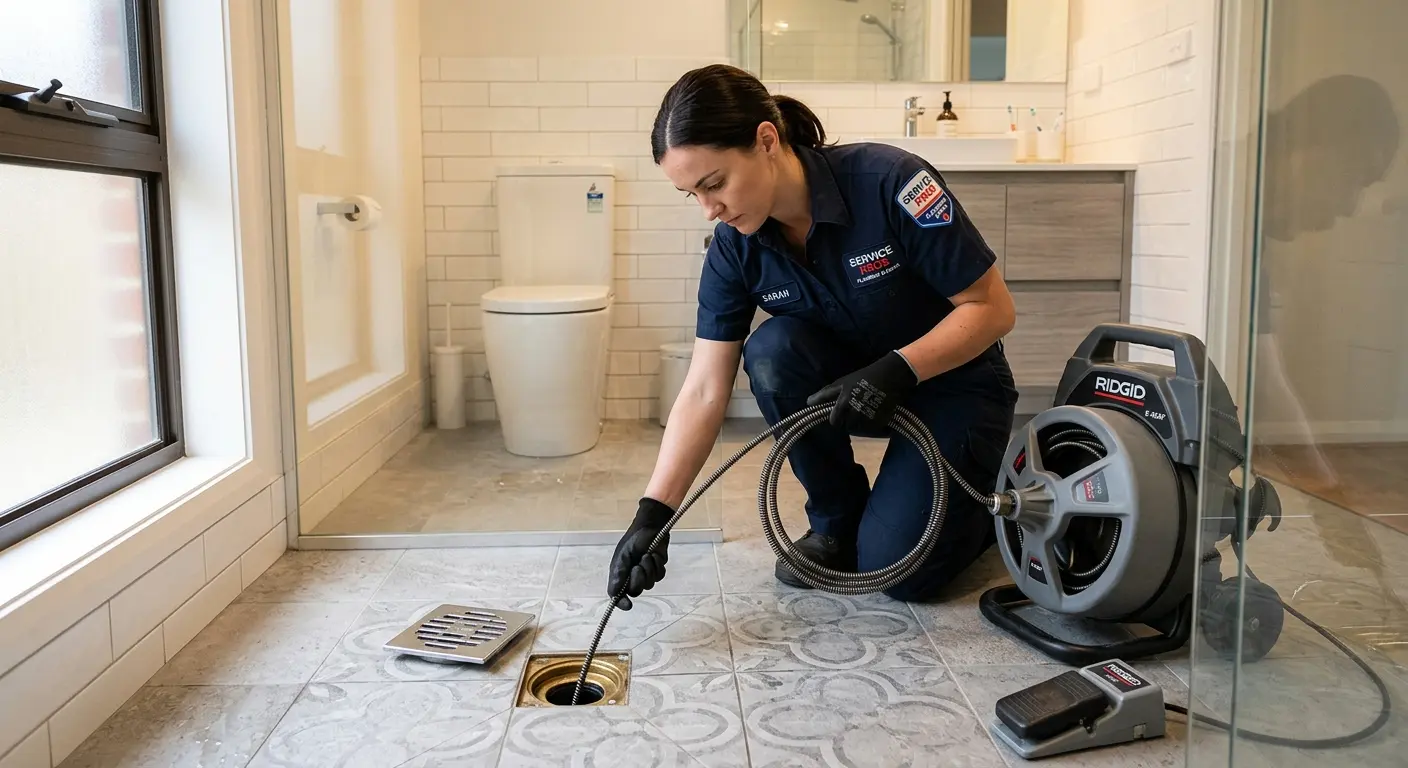 Technician clearing a bathroom floor drain for Drain Cleaning in San Carlos Park